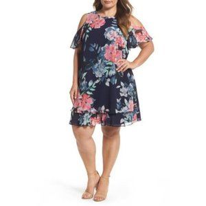 Eliza J - Floral Midi Chiffon Cold-Shoulder Dress